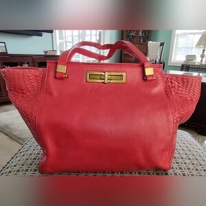 Elliott Lucca Red Leather Shoulder Tote With Woven Leather Sides.